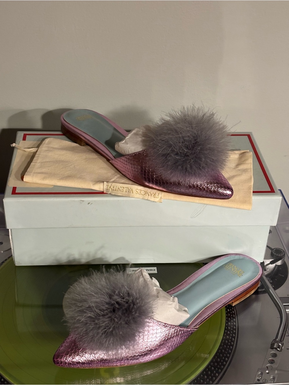 Frances Valentine Metallic Lilac Leather Pointed-Toe Feather Pompom Mule 8